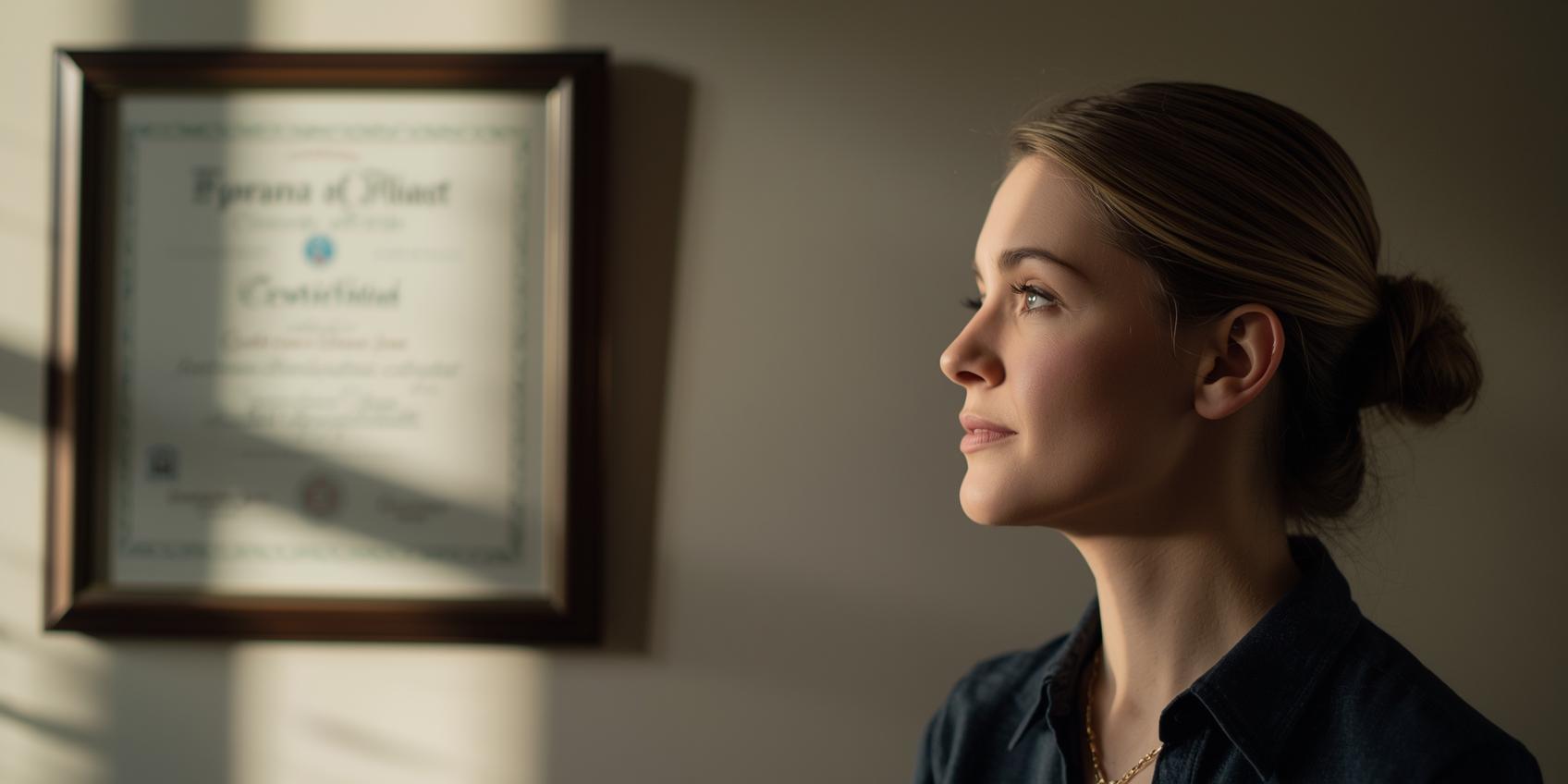 создай реалистичную картинку, как человек смотрит на стенку где висит сертификат, чтобы больше была видна картинка сертификата